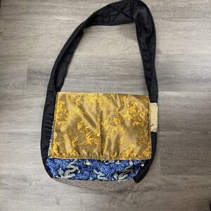 Handmade Asian Brocade Dragon Bamboo Patchwork Crossbody Sling Bag Gold Blue